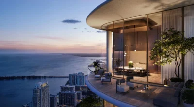 A luxury apartment next to the beach at night.